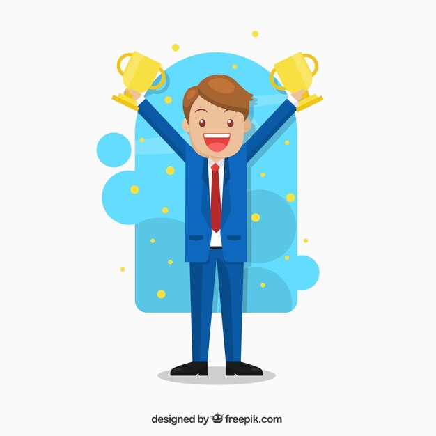 Personaje de negocios contento con dos copas