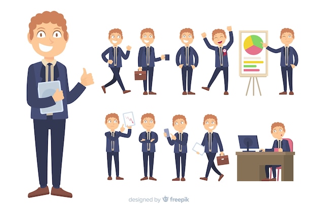 Vector gratuito personaje de negocios en diferentes posturas