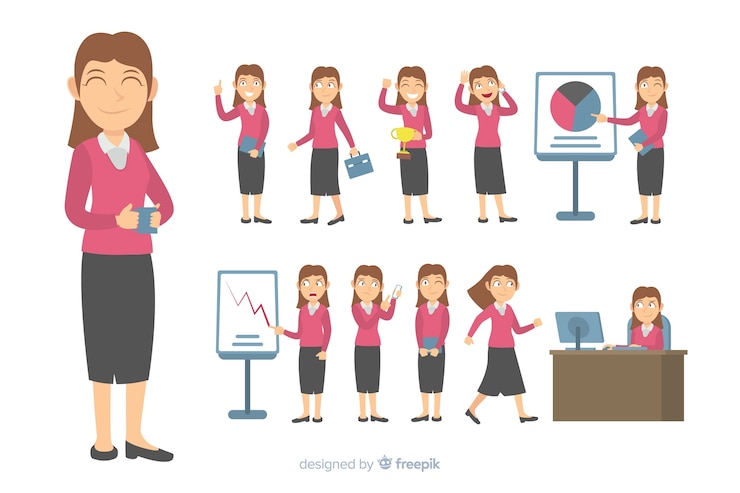 Vector gratuito personaje de negocios en diferentes posturas