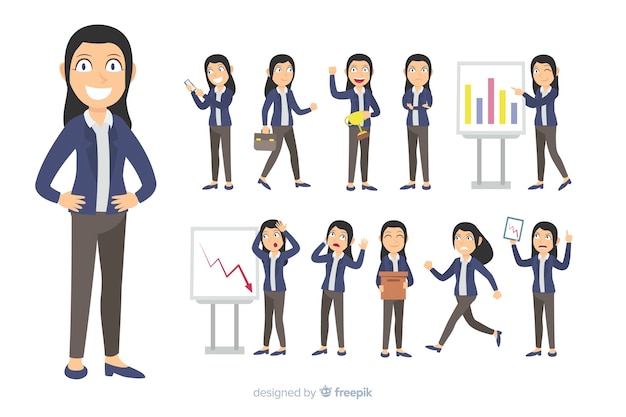 Vector gratuito personaje de negocios en diferentes posturas