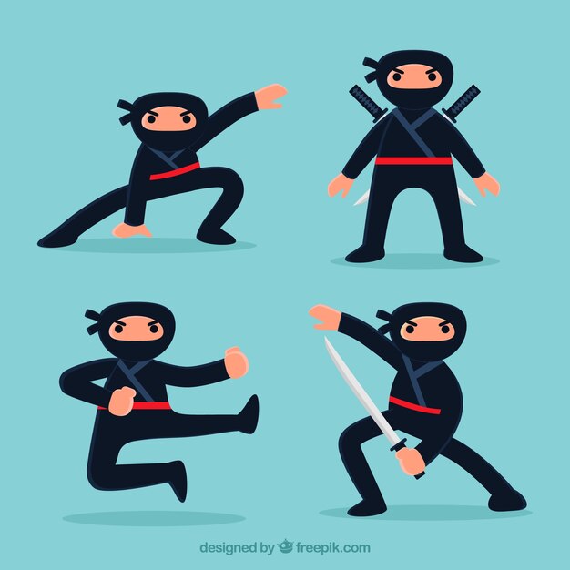 Personaje de ninja adorable en distintas posturas con diseño plano