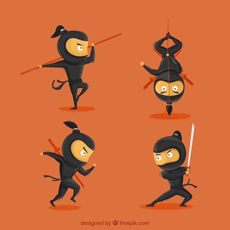 Vector gratuito personaje de ninja de dibujos animados en distintas posturas