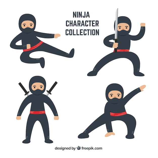 Vector gratuito personaje de ninja de dibujos animados en distintas posturas