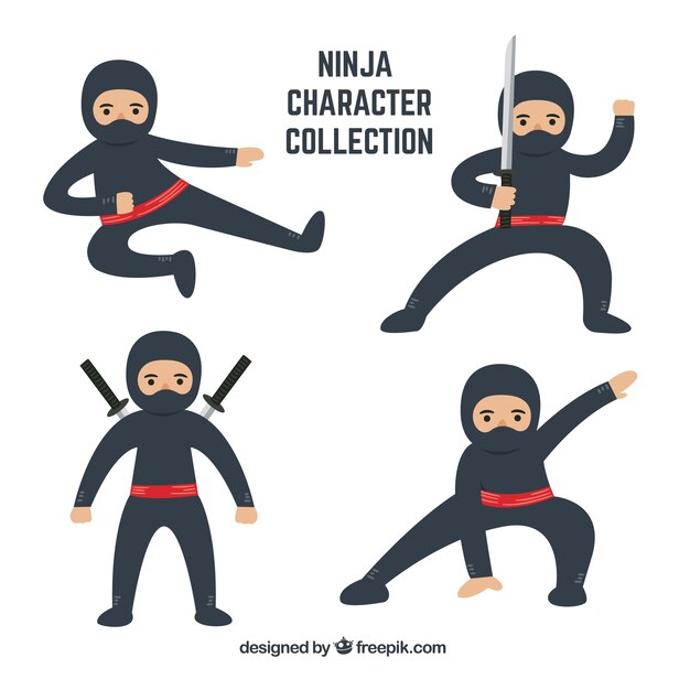 Personaje de ninja de dibujos animados en distintas posturas
