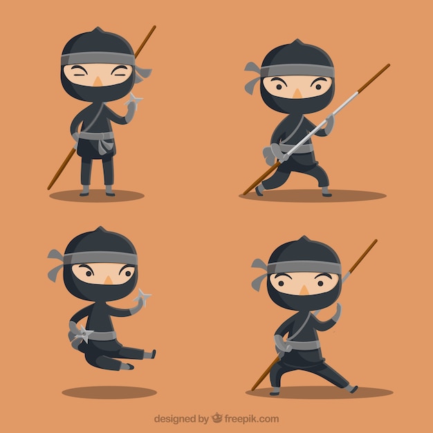 Personaje de ninja de dibujos animados en distintas posturas