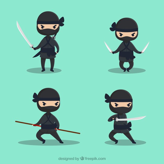 Personaje de ninja de dibujos animados en distintas posturas