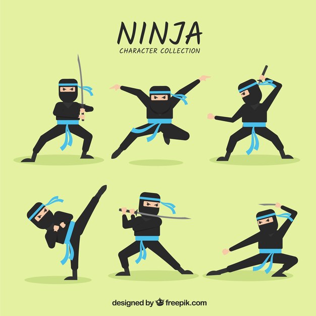 Personaje de ninja de dibujos animados en distintas posturas