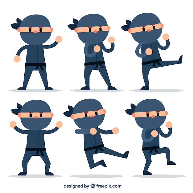 Vector gratuito personaje de ninja con diseño plano en distintas posturas dibujado a mano