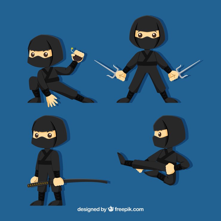 Vector gratuito personaje de ninja con diseño plano en distintas posturas dibujado a mano
