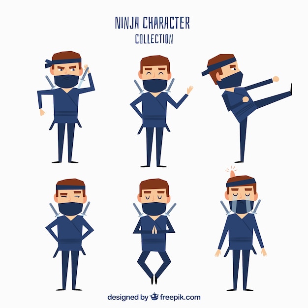 Personaje de ninja con diseño plano en posturas diferentes