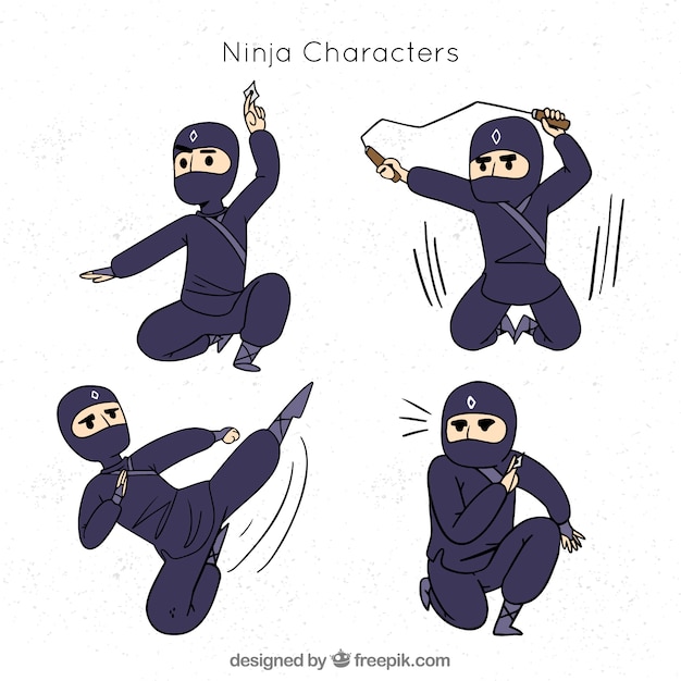 Personaje de ninja en distintas posturas dibujado a mano