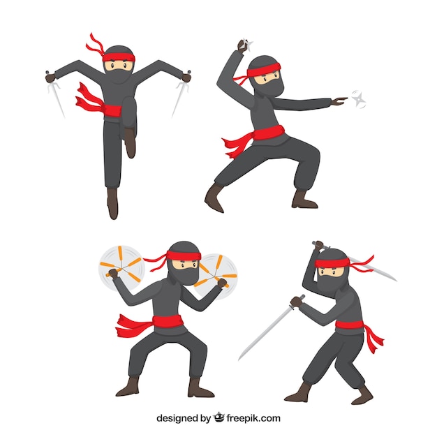 Personaje de ninja en distintas posturas con diseño plano