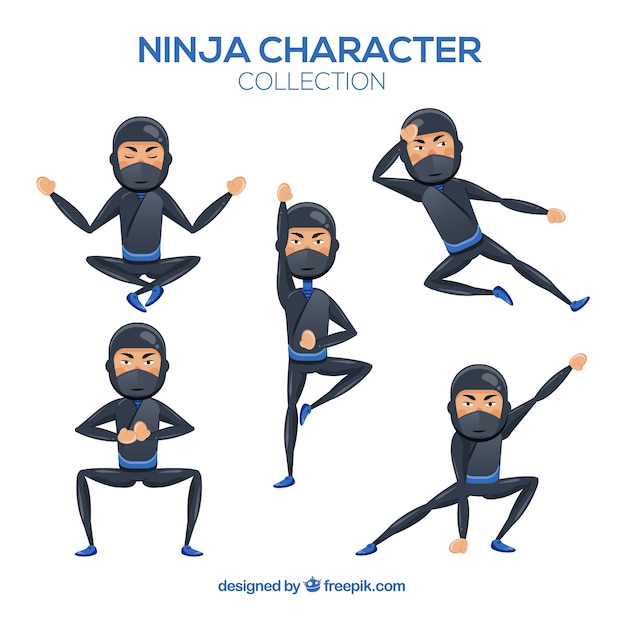 Vector gratuito personaje de ninja en distintas posturas con diseño plano