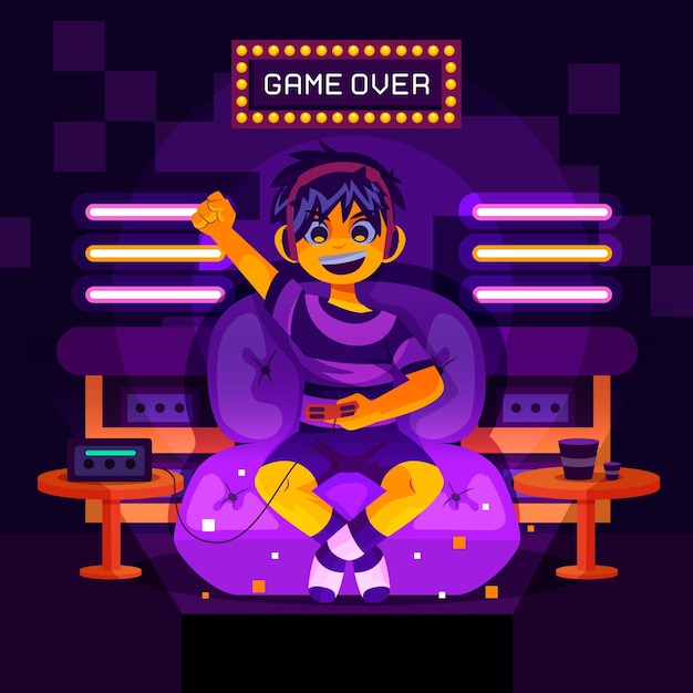 Personaje de niño ilustrado jugando videojuegos