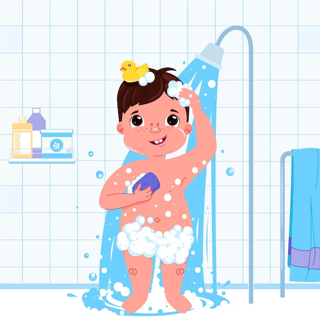 Vector gratuito personaje de niño pequeño niño tomar una ducha. rutina diaria. fondo de baño interior.