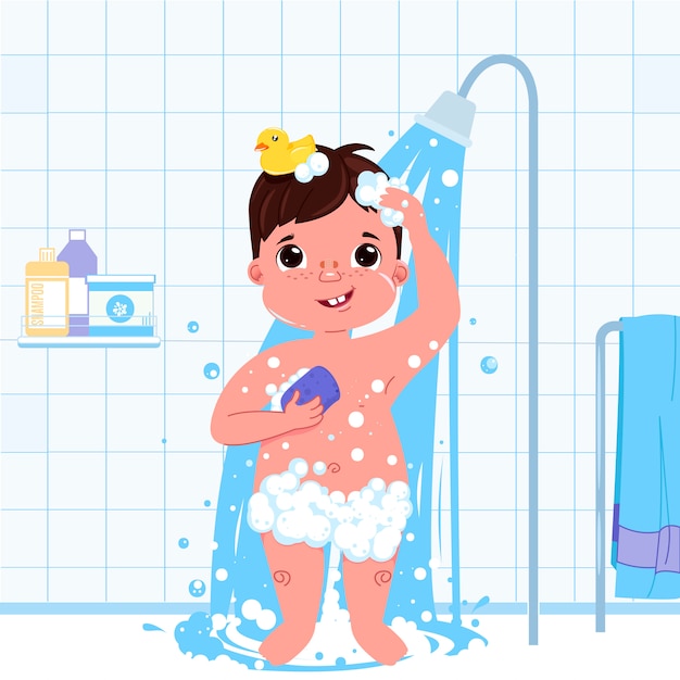 Personaje de niño pequeño niño tomar una ducha. Rutina diaria. Fondo de baño interior.
