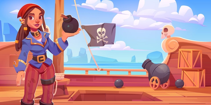Vector gratuito personaje pirata femenino con bomba en barco.