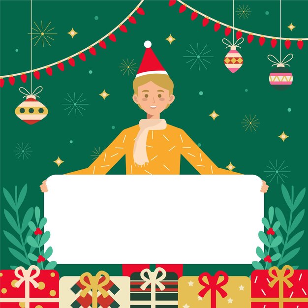 Personaje plano de navidad con banner en blanco