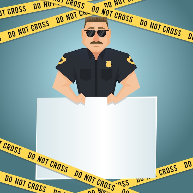 Vector gratuito personaje de policía con tablero en blanco y amarillo no cruzar cinta ilustración vectorial cartel