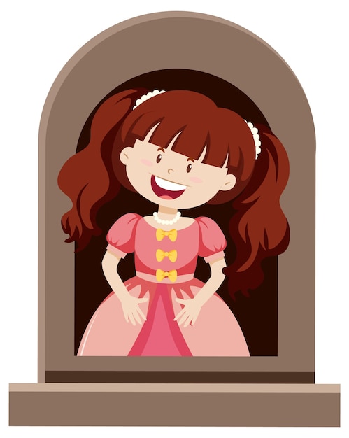 Personaje de princesa de fantasía junto a la ventana sobre fondo blanco.