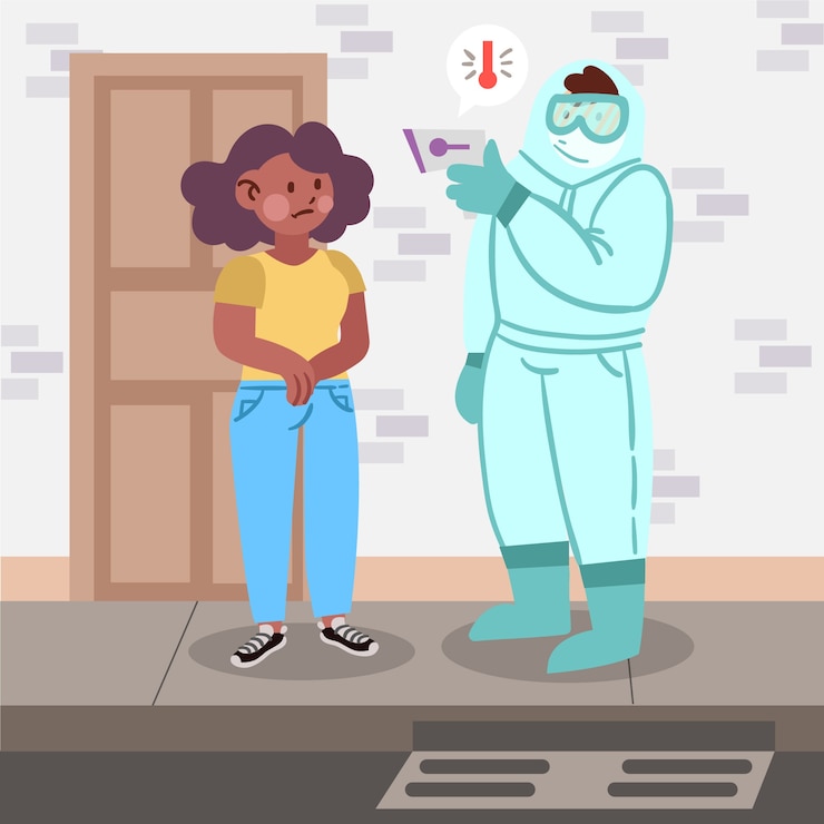 Vector gratuito personaje en traje de materiales peligrosos tomando la temperatura
