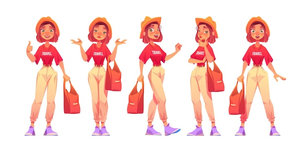 Vector gratuito personaje turístico femenino con diferentes emociones.