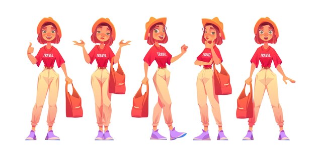 Personaje turístico femenino con diferentes emociones.