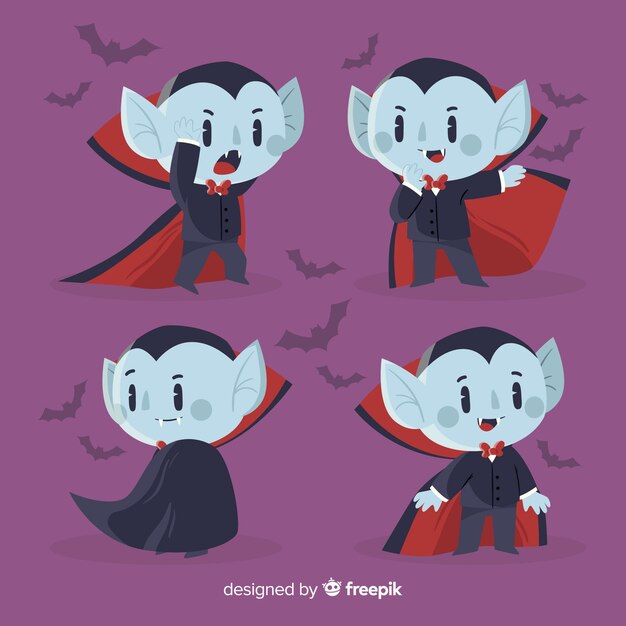 Personaje de vampiros planos y colección de murciélagos