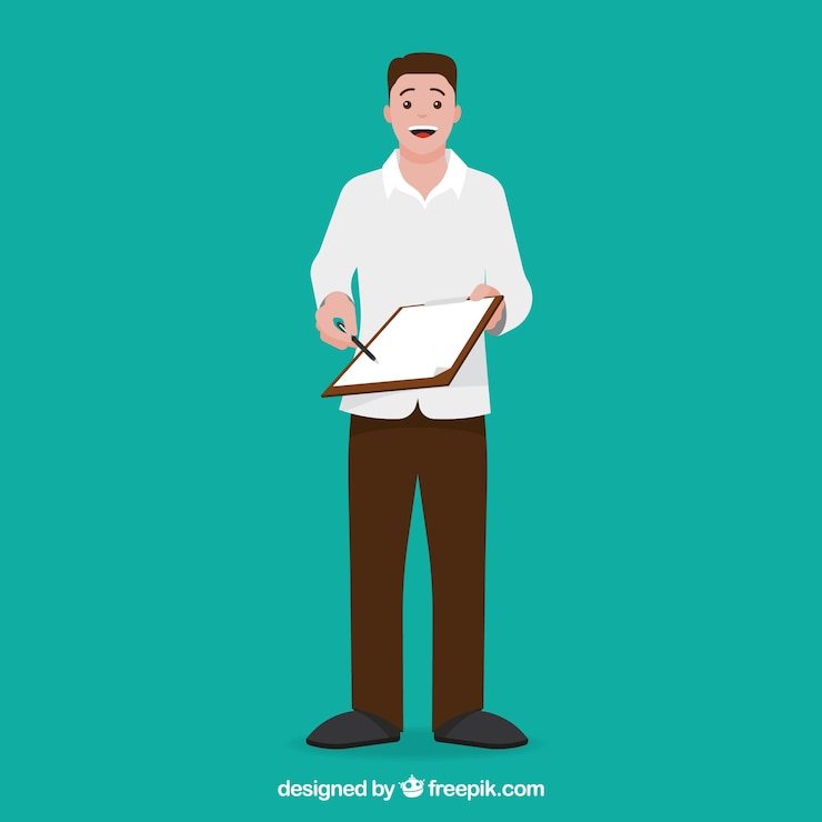 Vector gratuito personaje de vendedor con diseño plano sujetando contrato