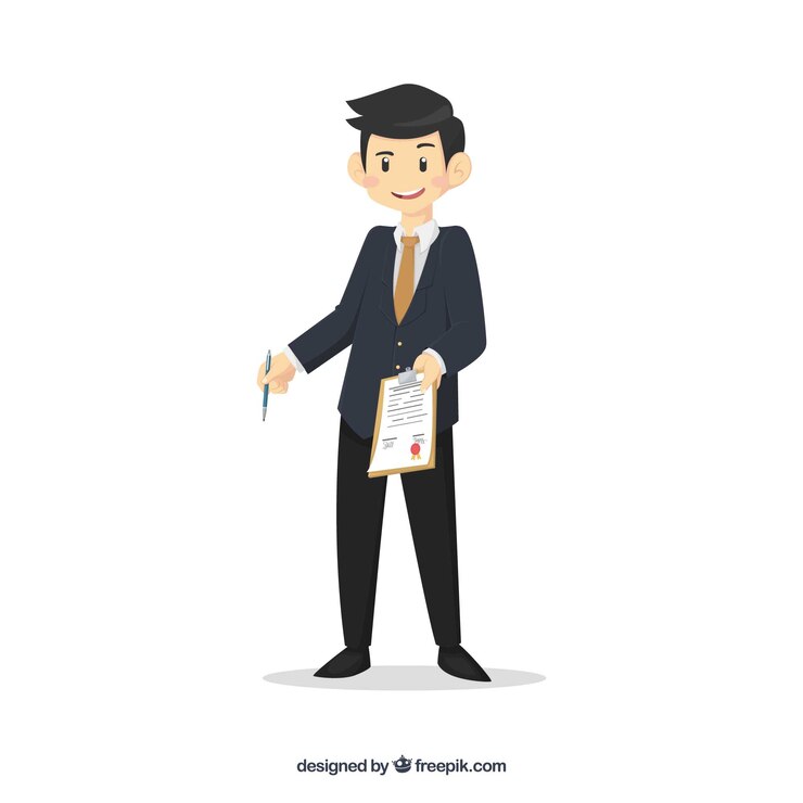 Vector gratuito personaje de vendedor con diseño plano sujetando contrato