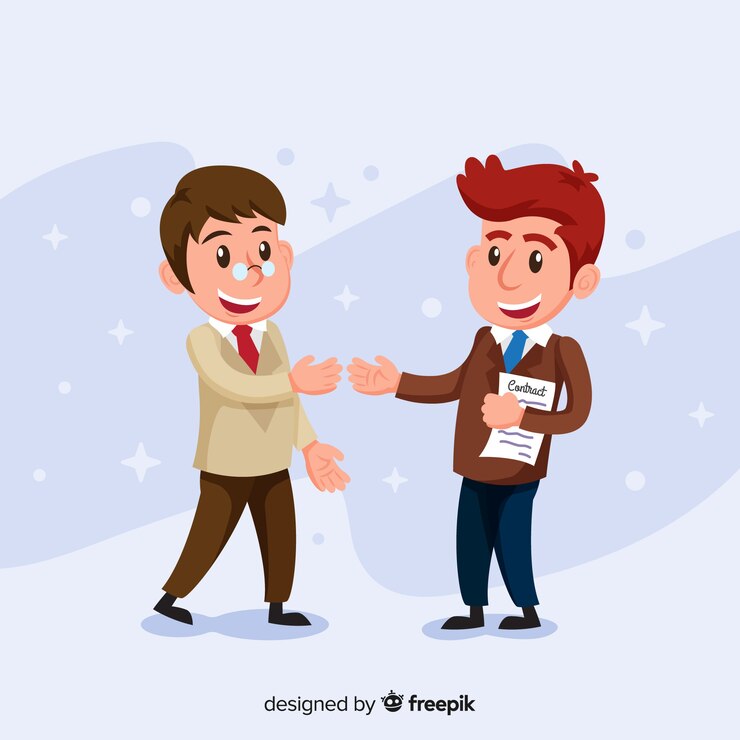Vector gratuito personaje de vendedor sonriente sosteniendo contrato