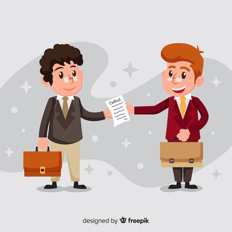 Vector gratuito personaje de vendedor sonriente sosteniendo contrato