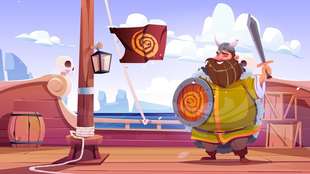 Personaje vikingo con espada y escudo en barco.