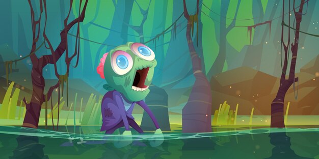 Personaje zombi de Halloween en el pantano del bosque aterrador