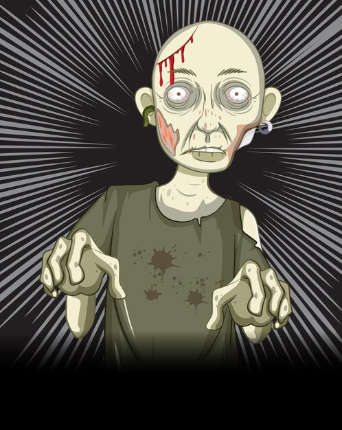 Personaje zombie sobre fondo de rayos negros