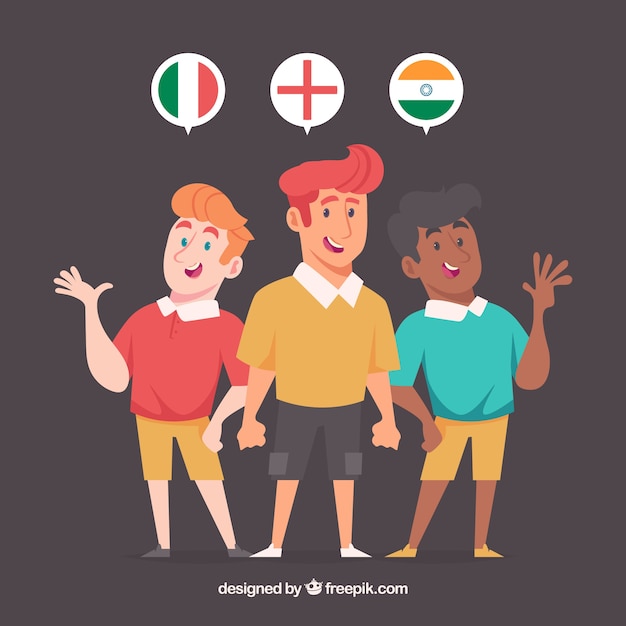 Vector gratuito personajes adorables de diseño plano hablando distintos idiomas