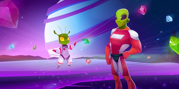 Vector gratuito personajes alienígenas en trajes espaciales en la superficie del planeta
