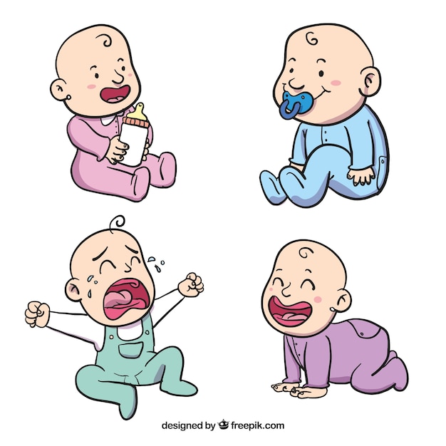 Personajes de bebé dibujados a mano con pijamas diferentes