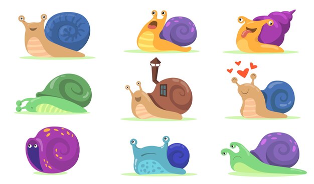 Personajes de caracol divertidos planos para diseño web. Dibujos animados de caracol, babosa o molusco parecido a un caracol con la colección de ilustraciones vectoriales aisladas de la casa de concha. Concepto de mascota y animales.