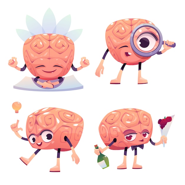 Personajes cerebrales, mascota de dibujos animados con cara graciosa
