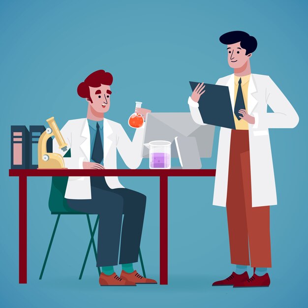 Personajes científicos trabajando juntos