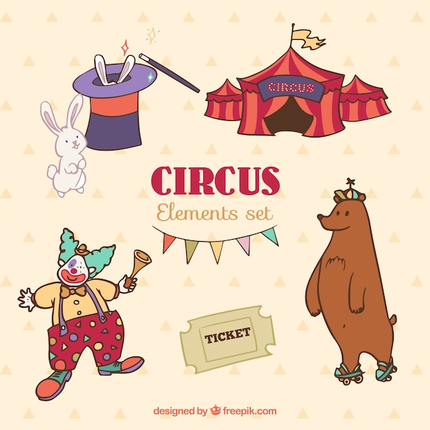 Vector gratuito personajes de circo adorables y elementos dibujados a mano