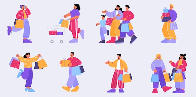 Personajes de clientes que compran en la tienda del mercado.