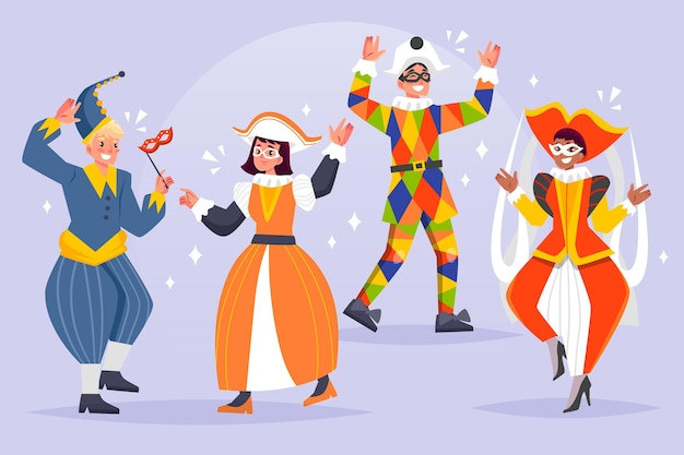 Vector gratuito personajes dibujados a mano con disfraces de carnaval italiano.