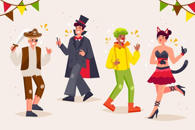 Personajes dibujados a mano con disfraces de carnaval.
