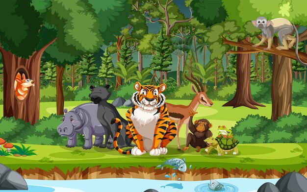 Personajes de dibujos animados de animales salvajes en la escena del bosque.