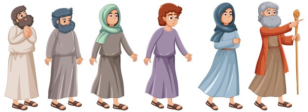 Personajes de dibujos animados de antiguos musulmanes caminando desde la historia bíblica religiosa de Moisés