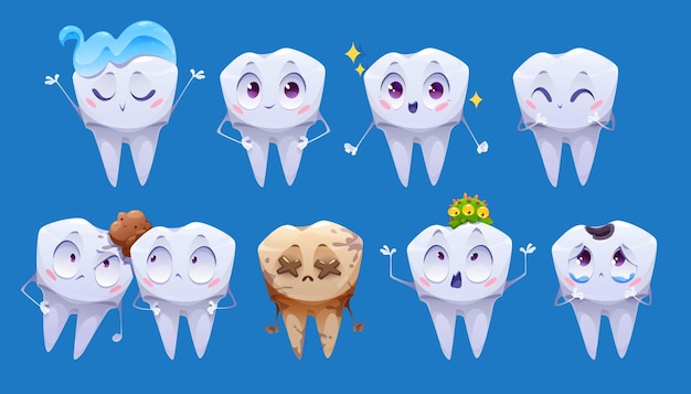 Personajes de dibujos animados de dientes dientes limpios y sucios