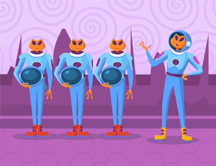 Vector gratuito personajes de dibujos animados extraterrestres de pie y escuchando la orden del jefe. recién llegados de color naranja en trajes espaciales discutiendo ideas, recibiendo instrucciones para el ejecutivo. ovni, concepto de unión