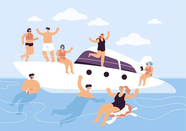 Personajes de dibujos animados felices navegando en yate o barco. La gente se relaja o hace una fiesta en la ilustración vectorial plana de un crucero. Vacaciones, vacaciones, concepto de lujo para banner, diseño de sitio web o página de inicio